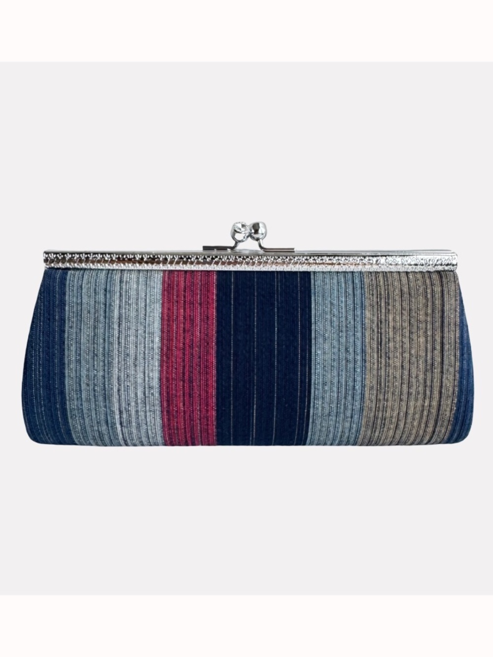 Japanese Striped Cotton Clutch Evening Bag Silver Clasp Formal Purse Handbag New
